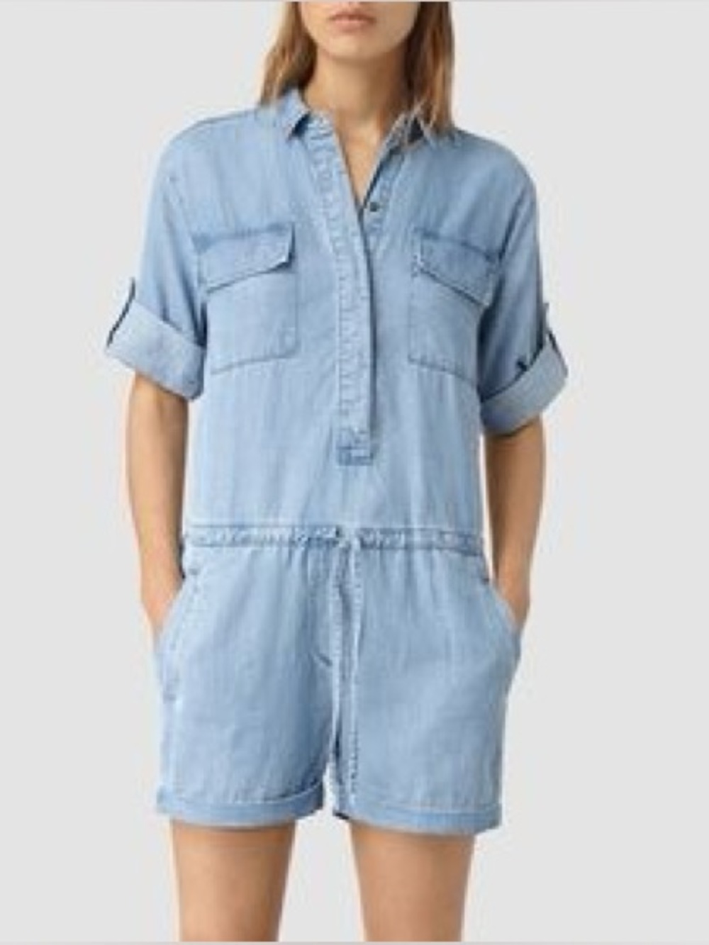 ALLSAINTS Jura Playsuit Light Blue Wash Denim Jean Tencel Romper Shorts Size 4